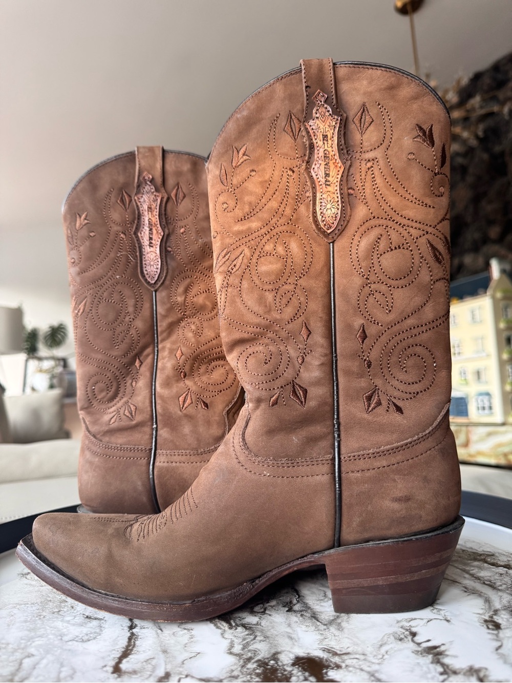 El General Women's Brown Embroidered Leather Cowgirl Boots Classic Retro Size 6
